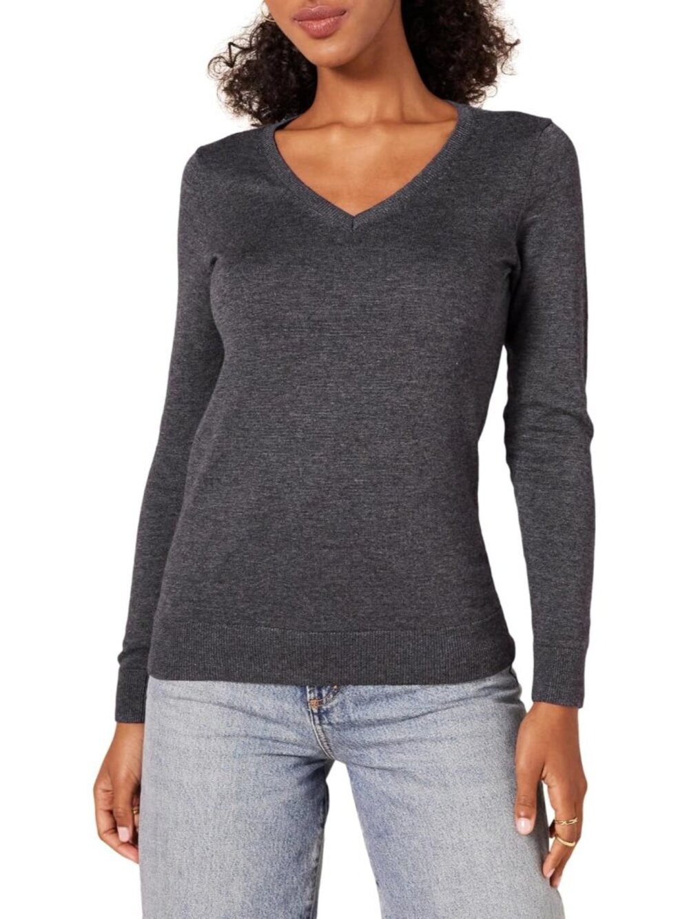 Amazon Essentials Women Charcoal Heather V Neck Lightweight Long Sleeve Sweaters